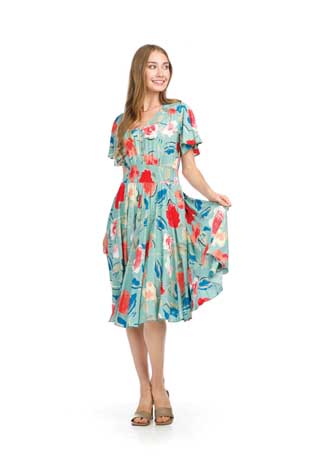 PD-16675 - FLORAL SHORT SLEEVE DRESS WITH ELASTIC WAIST - Colors: AS SHOWN - Available Sizes:XS-XXL - Catalog Page:29 